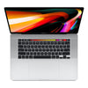 Apple MacBook Pro 16-inch 2019 in Silver, open, showing the Retina display, Touch Bar and Magic Keyboard