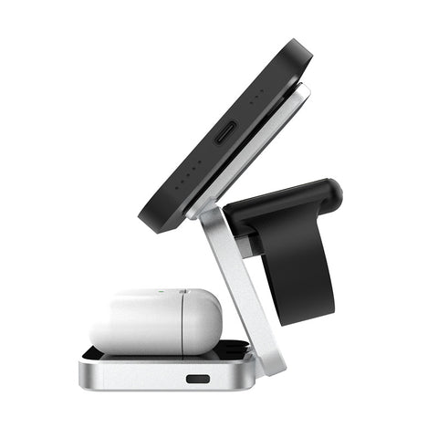 3 in 1 ABS Foldable Magnetic Wireless Charger Stand for iPhone/Apple Watch/AirPods Silver