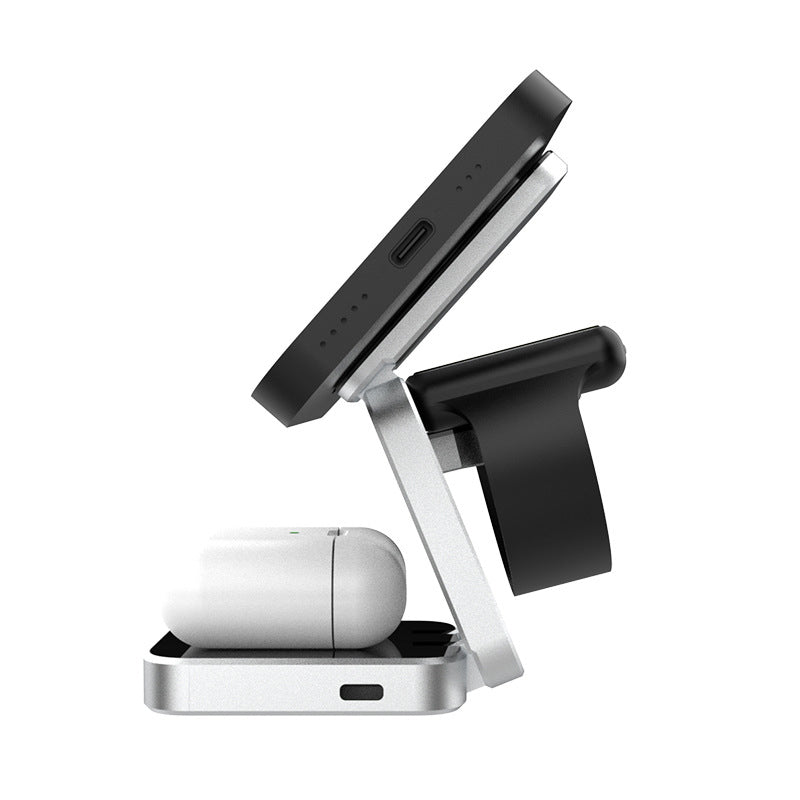 3 in 1 ABS Foldable Magnetic Wireless Charger Stand for iPhone/Apple Watch/AirPods Silver