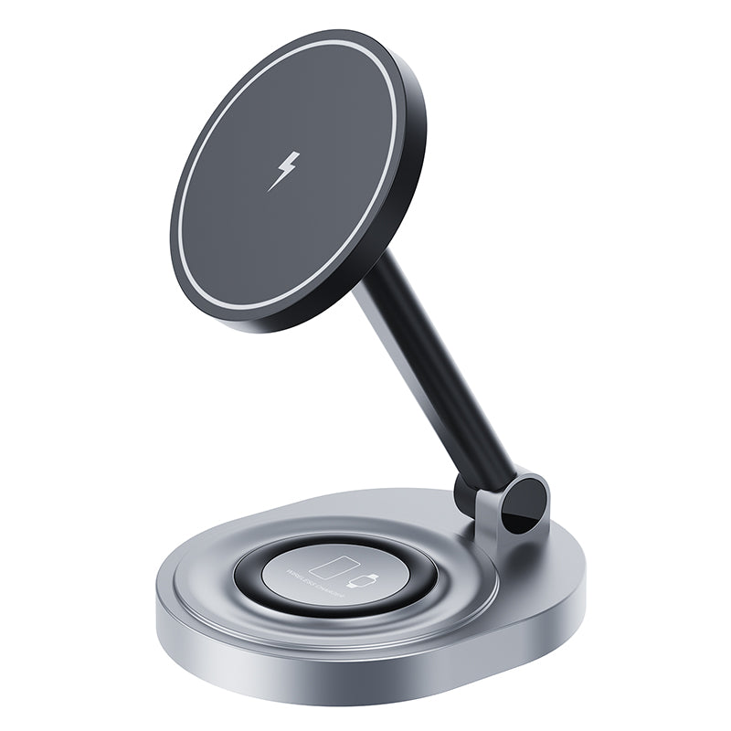 W14 15W 2 In 1 Foldable Magnetic Wireless Charger Stand for iPhone 12-15 Series/Airpods/Apple Watch Black