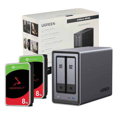 UGreen NASync DXP2800 2 Bay NAS with Seagate Ironwolf NAS 16TB SATA Hard Drive V2 Bundle (2x 8TB) (New)