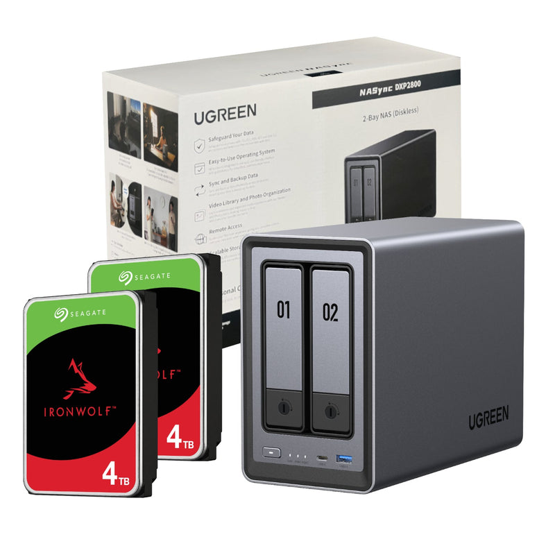 UGreen NASync DXP2800 2 Bay NAS with Seagate Ironwolf NAS 8TB SATA Hard Drive Bundle (2x 4TB) (New)