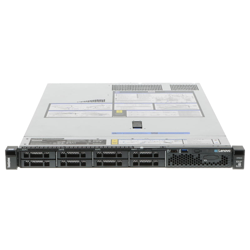 Lenovo ThinkSystem SR630 1U Rackmount Server – 8 SFF – 2 × Xeon Silver 4215 – 64GB DDR4 – 2 × 480GB SATA SSD – RAID 930-8i – Intel X722 – 2 × 750W – 2 × Caddies – 6 × Blanks – 1 × Front Bezel (Refurbished)