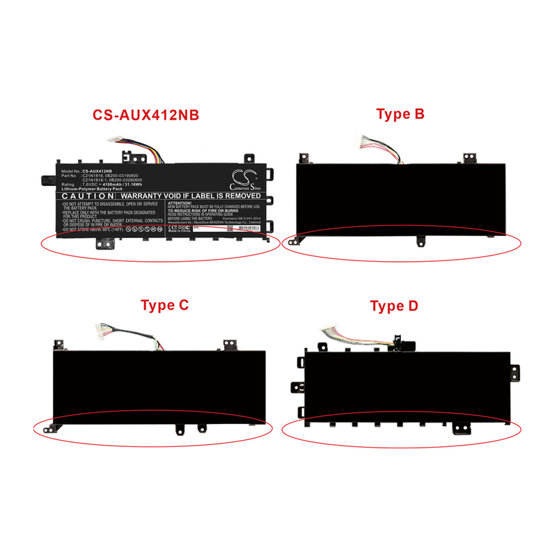 Asus X412FJ, X412FA, X412UF, X512DK, F412FJ, A412F, C21N1818 (TYPE A-D) Laptop Battery, 7.6V 4050mAh/32Wh