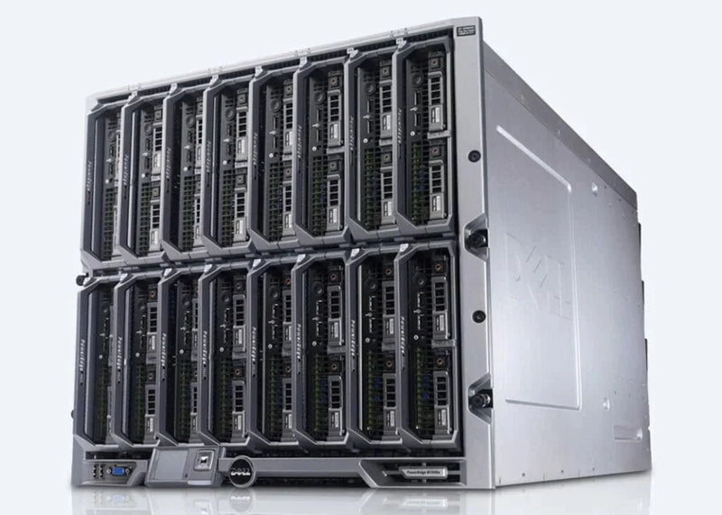 Dell PowerEdge M1000e 10U Blade Enclosure with 4 × M640 Compute Nodes – 32 SFF – 8 × Xeon Gold 6136 – 2TB DDR4 – No HDD – PERC H730P Mini – 10Gb 4P X710-K + 8Gb FC 2-Port – 6 × 3000W PSU (Refurbished)