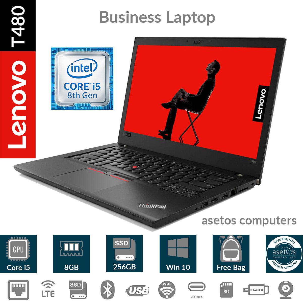 Lenovo Thinkpad T480: 8th Gen Core i5, 8GB RAM, 256GB SSD, Windows